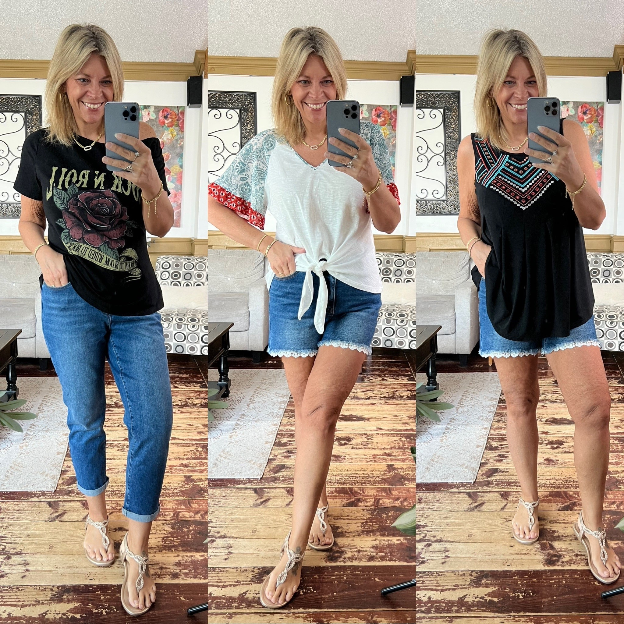 Size 10 in each comfy top and size 12 in the shorts & cuffed capris. 

#LTKOver40 #LTKSeasonal #LTKMidsize