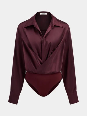 Upgraded | Collared Draped Satin Long Sleeve Bodysuit | Commense