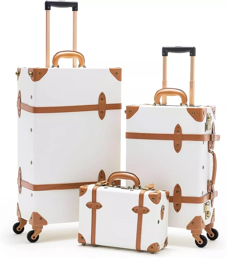 COTRUNKAGE Vintage Carry On Luggage Trunk TSA Lock Spinner Suitcase Set 2  Piece for Women, Cream White