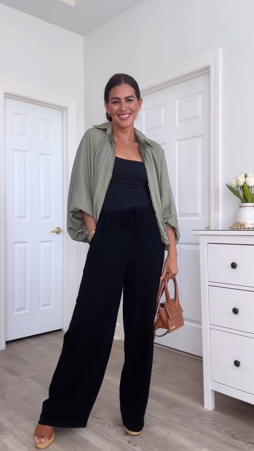 ‼️All details and sizing⬇️ Jacket is super lightweight and is oversized, in color green.  Wearing a size s in jacket, pants and tank top. Tank top has a built in bra. 
Lipgloss is : toffee pink shimmer with lipliner : deep taupe

#LTKTravel #LTKOver40 #LTKSeasonal