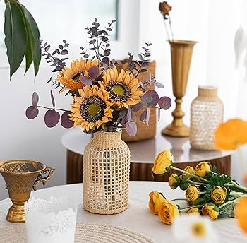 RISEON Vintage Rustic Handwoven Natural Seagrass Rattan Glass Vase Floral Container Farmhouse Dry... | Amazon (US)