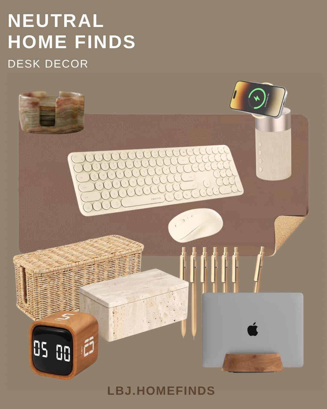 Neutral desk setup finds that make your workspace look elevated and organized 🤎 If you love warm neutral home decor and aesthetic desk accessories, these affordable desk finds are perfect for creating a clean, minimal workspace. From the neutral wireless keyboard and mouse to the woven storage basket, travertine box, aesthetic gold pens, and wood digital clock — every piece adds a cozy, modern touch to your home office or study space.

These neutral office decor finds are perfect for anyone creating a calm productivity space, aesthetic desk setup, or minimalist home office. Everything is functional, stylish, and easy to mix with modern neutral home decor.

Shop these neutral desk decor finds on my LTK 🤍

Keywords: neutral desk setup, aesthetic desk accessories, neutral office decor, minimalist desk decor, home office organization, beige desk accessories, cozy workspace ideas, affordable desk decor, neutral home office setup

#ltkhome #desksetup #neutralhome #homeofficeinspo #deskdecor