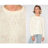 Cable Knit Sweater 80S Textured Cream Hipster Boho Pullover Cableknit 1980S Jumper Vintage Slouchy Medium | Etsy (US)
