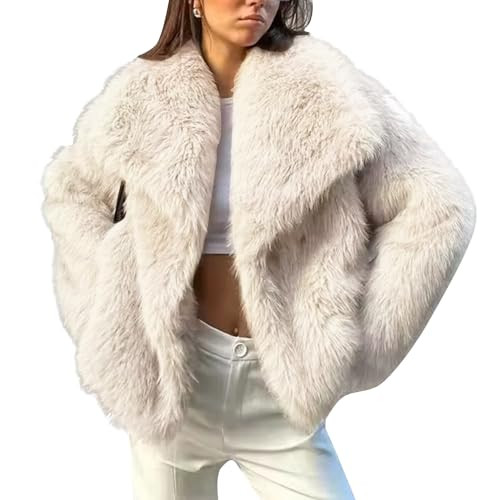 Flygo Women's Faux Fur Coat Fluffy Faux Fur Jacket Long Sleeve Lapel Furry Winter Jackets Shaggy Parka Short Coat(Beige-XL) | Amazon (US)