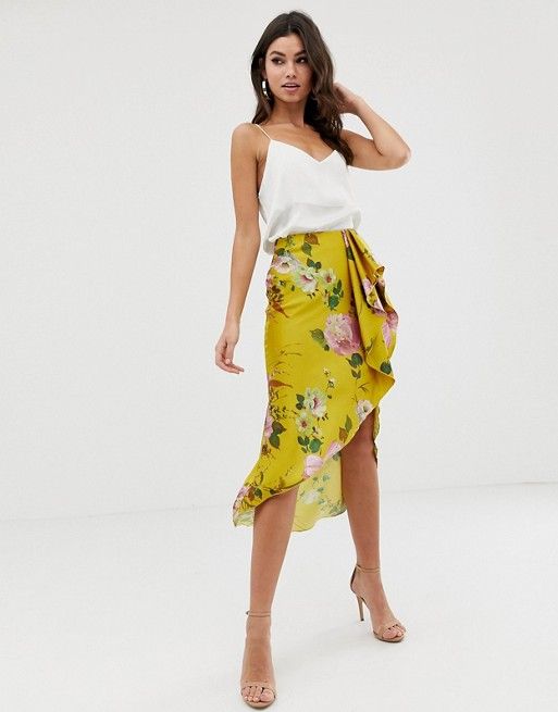 ASOS DESIGN satin midi skirt with waterfall front in yellow floral print | ASOS US