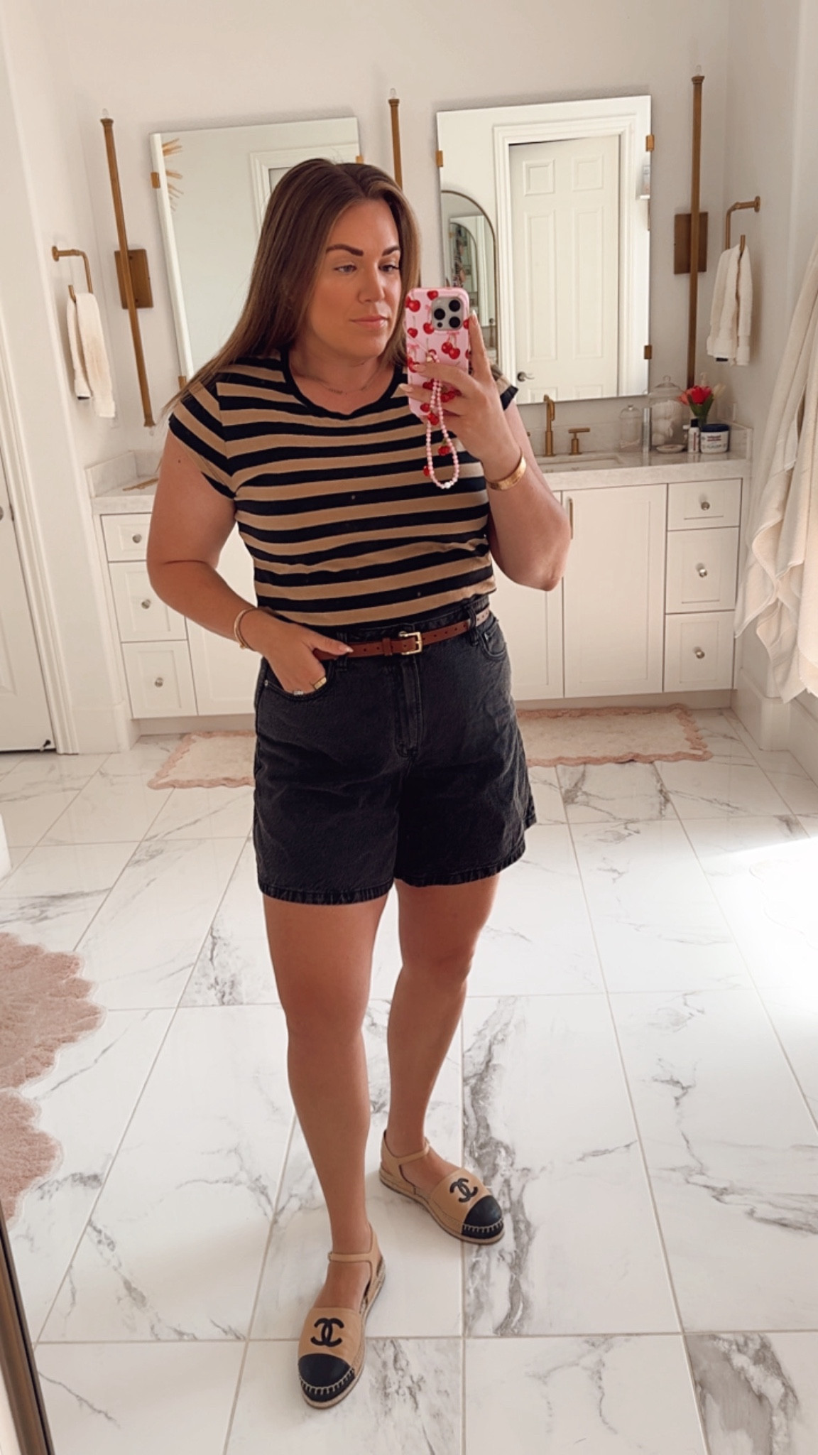curvy transitional season look! wearing size xl in beige and black striped tee and size 32 in black washed denim shorts. shoes are old Chanel 

#LTKFindsUnder50 #LTKMidsize #LTKSeasonal