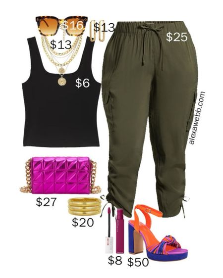 Plus Size on a Budget - Summer Night Out - Plus size olive green cargo pants, a black tank, statement heeled sandals, and a metallic fuchsia bag. Alexa Webb #plussize

#LTKPlusSize #LTKStyleTip #LTKParties
