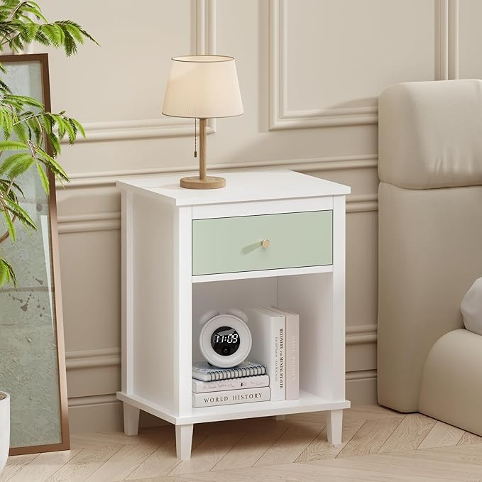 Nightstand with Drawer for Girls Boys Adults, Wood Bed Side Table with Storage Shelf, Night Stand... | Amazon (US)