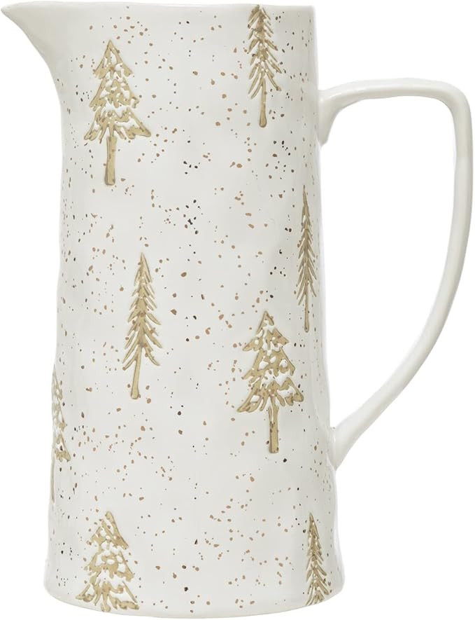 Creative Co-Op Hand-Stamped Stoneware Pitcher with Tree Pattern and Gold Electroplating, White | Amazon (US)