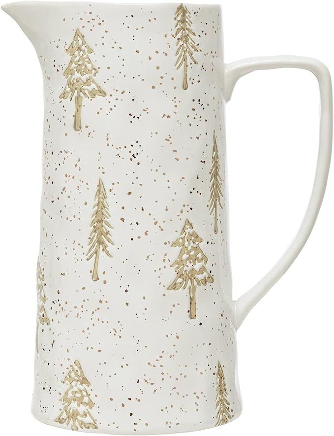 Hand-Stamped Stoneware Pitcher with Tree Pattern and Gold Electroplating, White | Amazon (US)