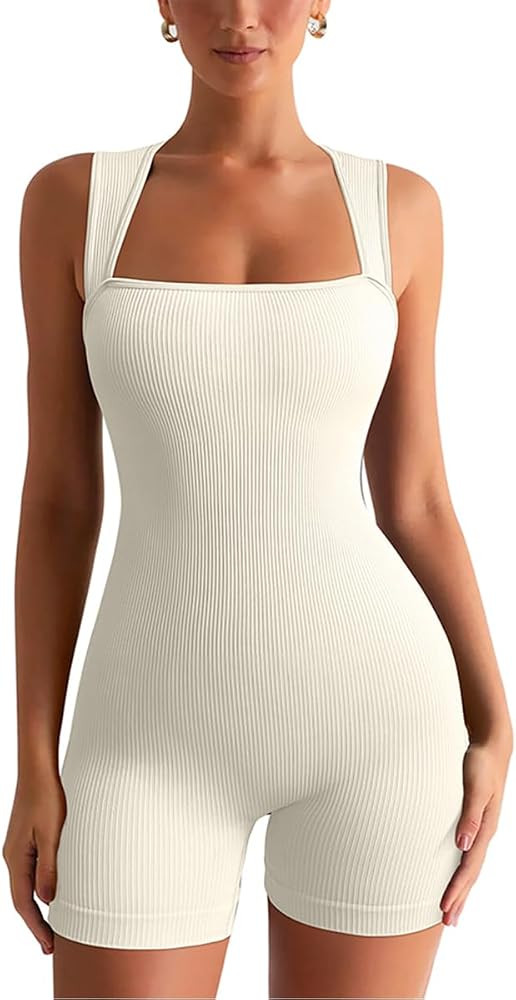 Women\u2019s Yoga Jumpsuit Seamless Ribbed Square Neck Sleeveless Workout Romper Shorts Fitted | Amazon (US)