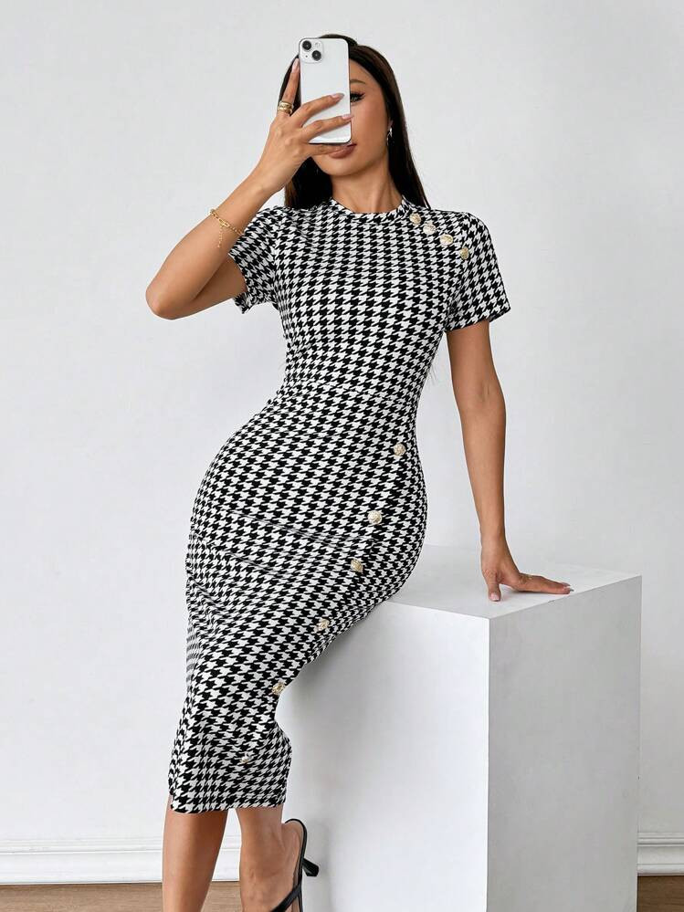 SHEIN Privé Women's Summer Houndstooth Round Neck Short Sleeve Fitted Elegant Dress | SHEIN