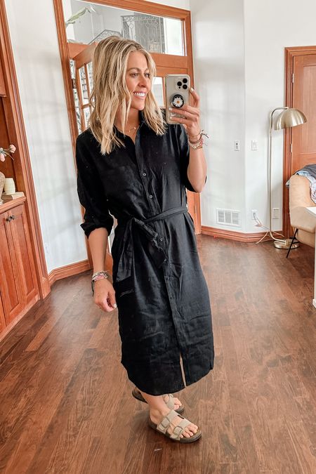Wearing small in this black linen dress currently 20% off. Shoes are from Target. 

Wedding guest, vacation dress, maxi,
Wrap dress 