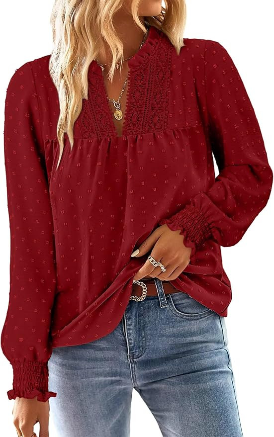 BETTE BOUTIK Women Boho Long Sleeve Shirts Dressy Casual V Neck Fall Fashion Tops Swiss Dot Flowy... | Amazon (US)