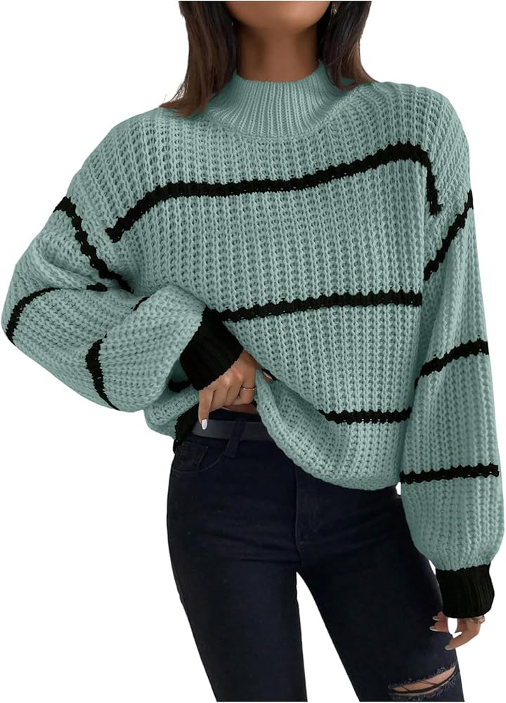 GORGLITTER Women's Striped Oversized Sweaters Color Block Long Sleeve Turtleneck Cute Fall Knit P... | Amazon (US)