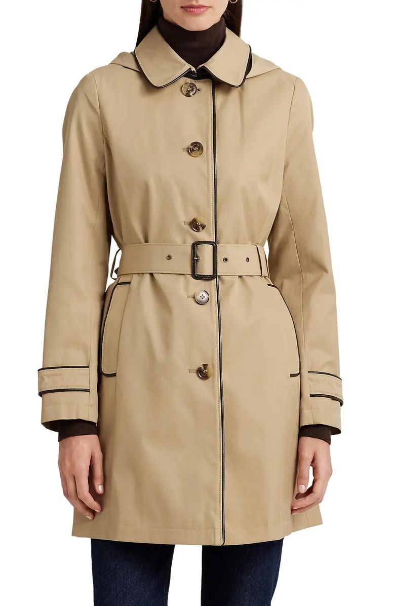 Hooded Belted Faux Leather Trim Trench Coat | Nordstrom
