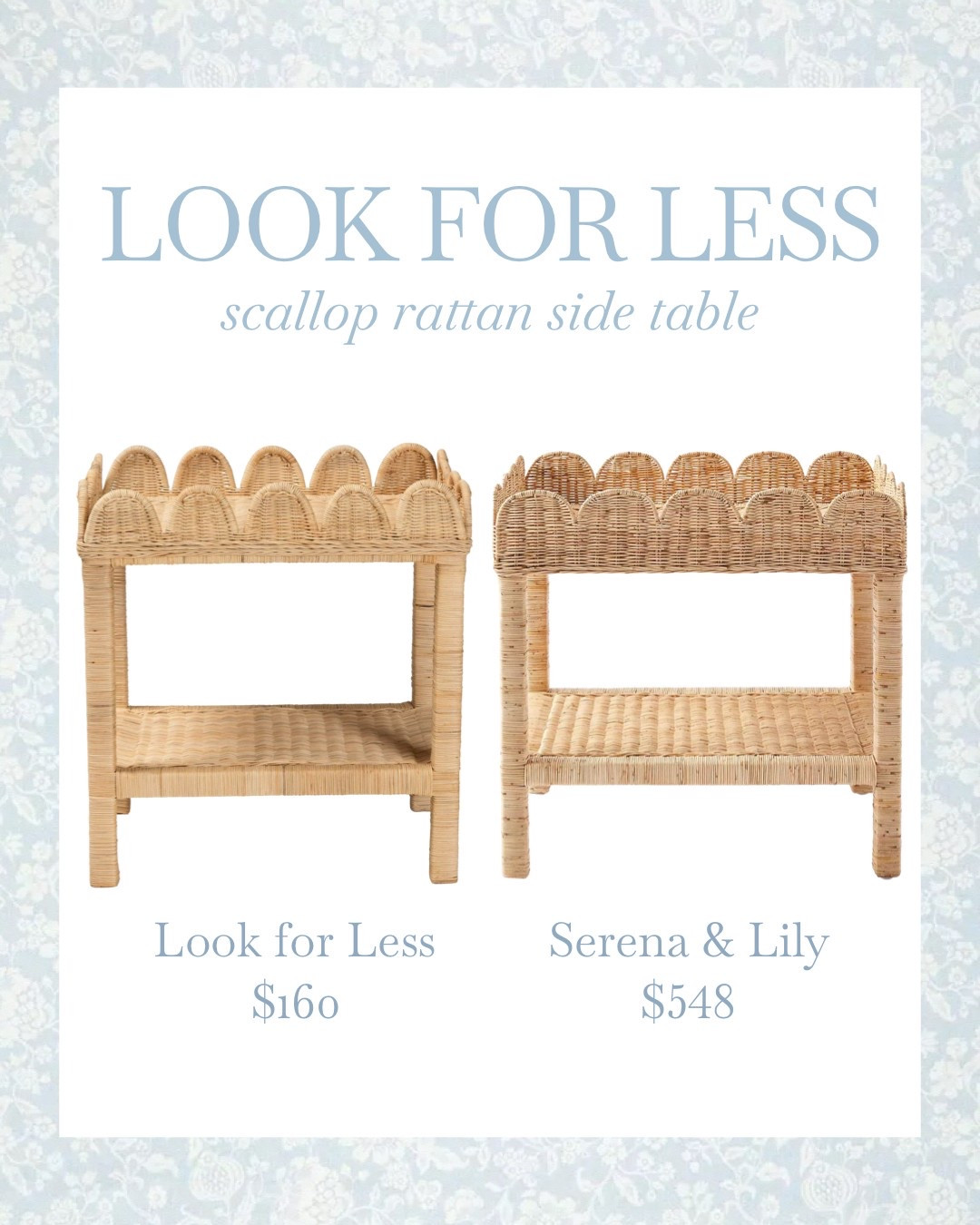 LOOK FOR LESS!!!

Such a good look for less✨ I found an incredible dupe for the Serena and Lily scallop rattan side table! Serena and Lily lists theirs at $548, but I stumbled upon an amazing lookalike online for just $160🙌🏼

This versatile piece is not only a steal but also so stunning! It would be perfect in a living room or as a nightstand in a bedroom! It’s a perfect addition to any home🏡

I love the idea of it in a nursery holding essentials like a sound machine, humidifier, books, and more🍼

With its two-tier design, the styling possibilities are endless! How would you use it? 🩵

#LookForLess #HomeDecor #InteriorStyling #AffordableFinds #ChicDesign #NurseryInspo #decorate #decor #design #dupe #coastal #coast #coastaldesign #coastalhome #coastaldecor #grandmillennial #grandmillennialdesign #grandmillennialhome #grandmillennialdecor #grandmillennialstyle #serenaandlily #rattan #rattanfurniture #rattandecor #rattandesign #sidetable 

#LTKHome #LTKSaleAlert #LTKSeasonal