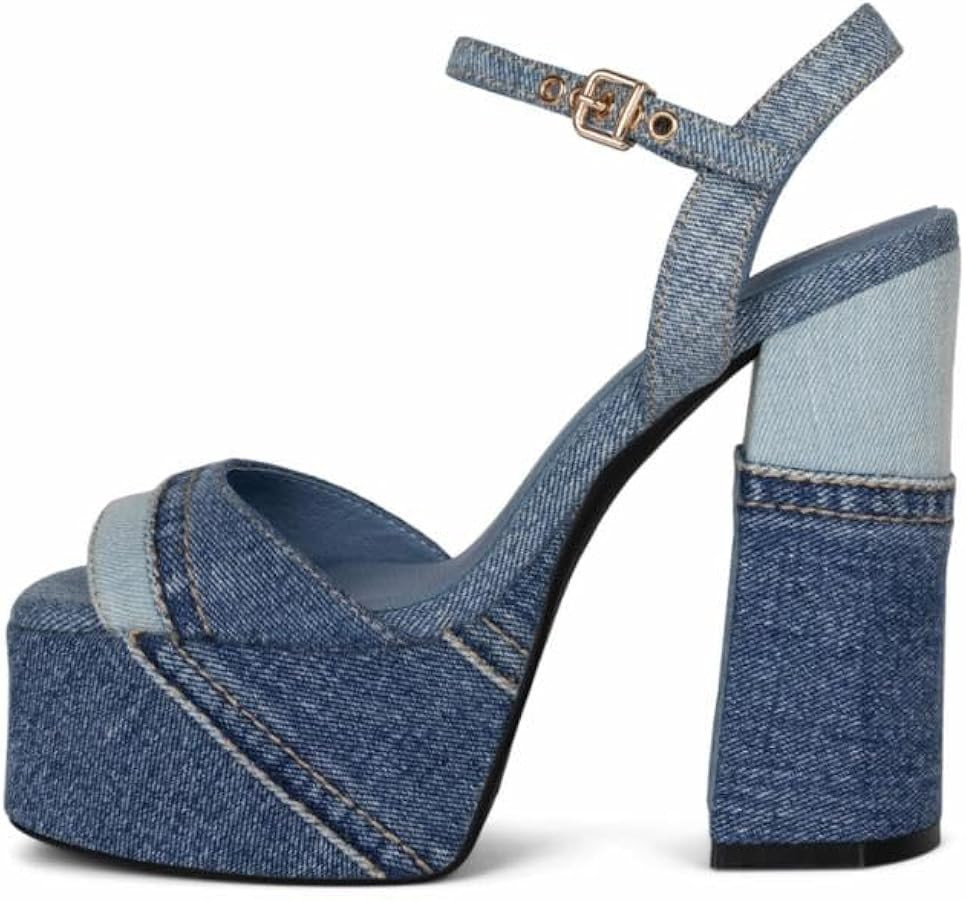 Jeffrey Campbell Girlfriend Blue Denim Combo Ankle Strap Block Heeled Sandals | Amazon (US)