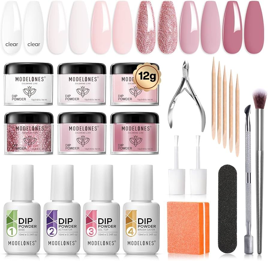 Modelones 22 Pcs Dip Powder Nail Kit, 6 Colors Nude Light Pink Glitter Dip Nails Powder Starter K... | Amazon (US)