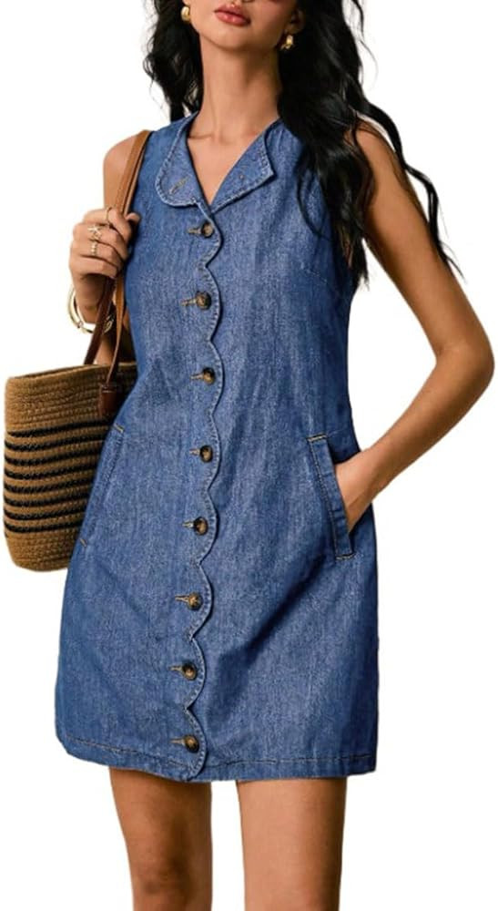 Women's Wavy Trim Button Down Sleeveless Denim Dress Casual Crew Neck Slim Fit Solid A-Line Mini ... | Amazon (US)