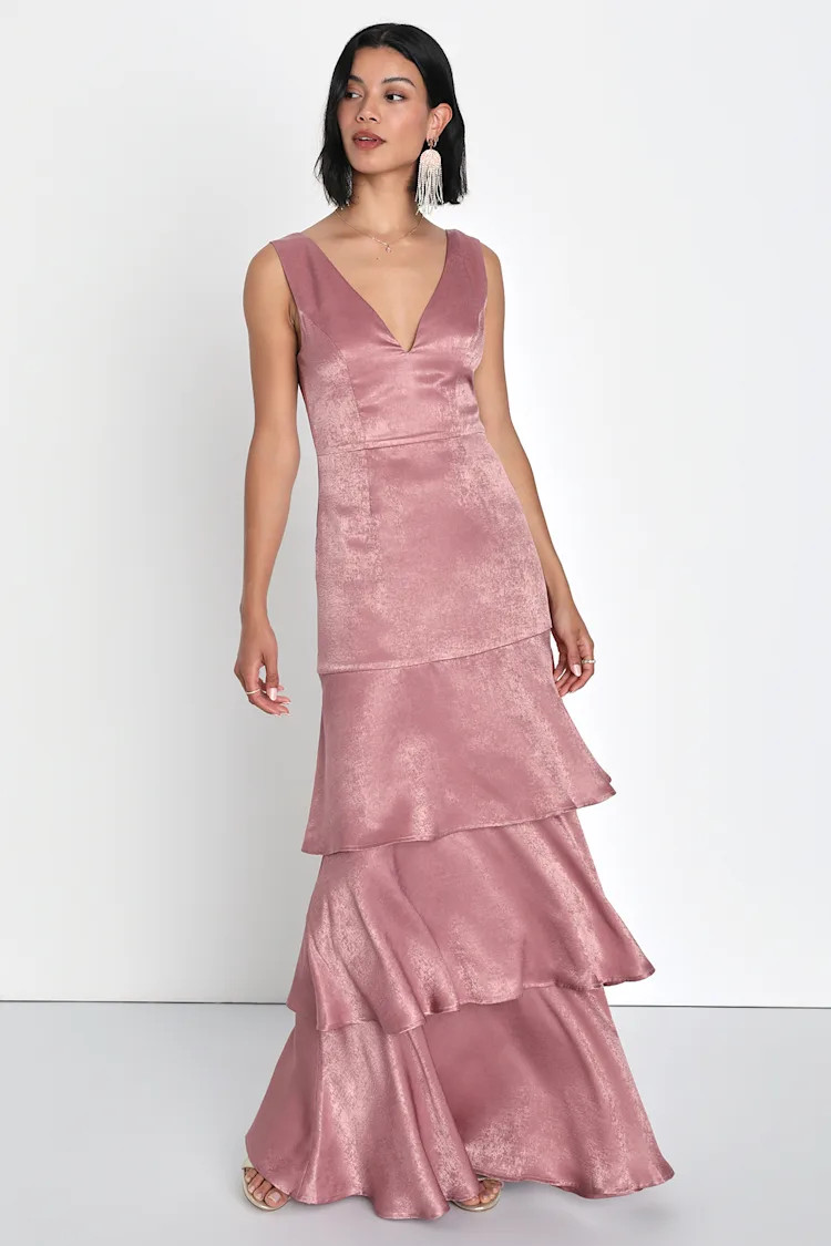 Exclusive Elegance Mauve Satin Tiered Maxi Dress | Lulus