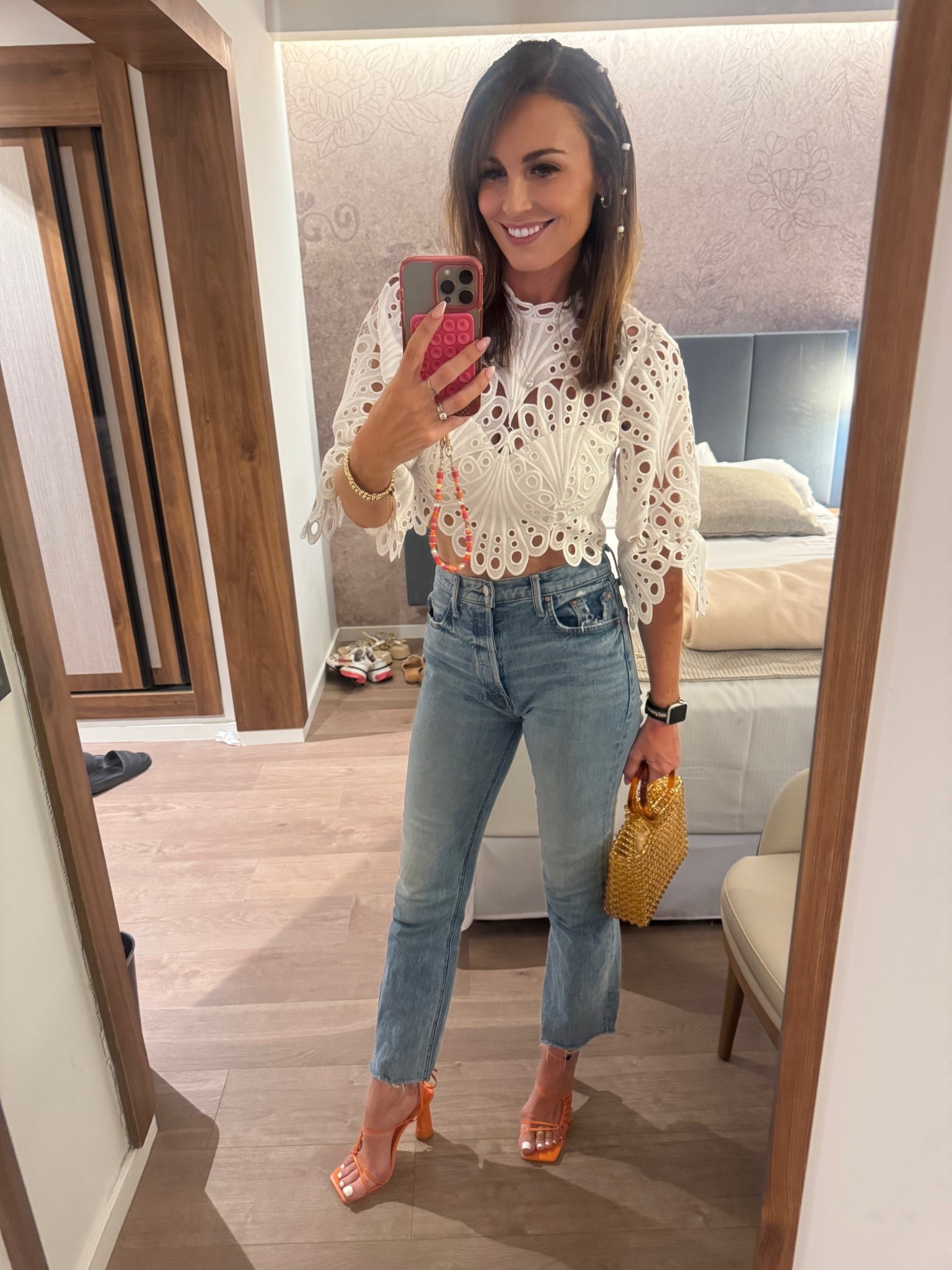 Revolve lace top
Mother jeans 

#LTKSeasonal #LTKTravel #LTKOver40