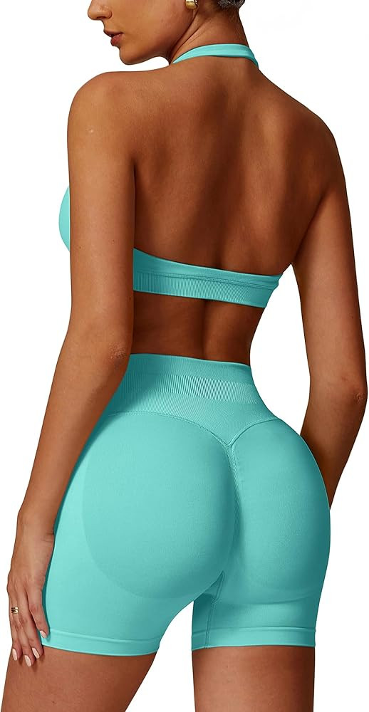 ABOCIW Workout Sets for Women 2 Piece seamless Halter Sports Bra Scrunch Butt Impact Shorts Gym Y... | Amazon (US)
