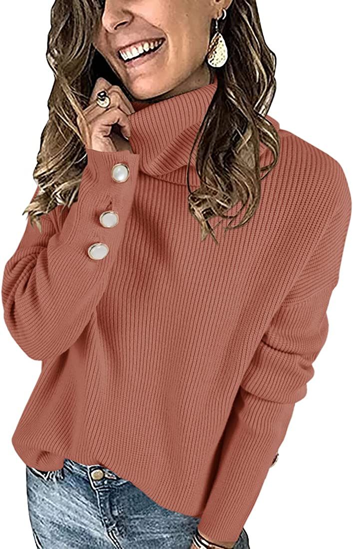 Qiuwon Womens Turtleneck Sweaters 2022 Fashion Long Sleeve High Neck Loose Knit Pullover Sweater | Amazon (US)