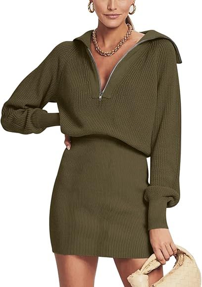DEEP SELF Women's Casual Long Sleeve Bodycon Sweater Dresses Fall Half Zip V Neck Slim Fit Ribbed Kn | Amazon (US)