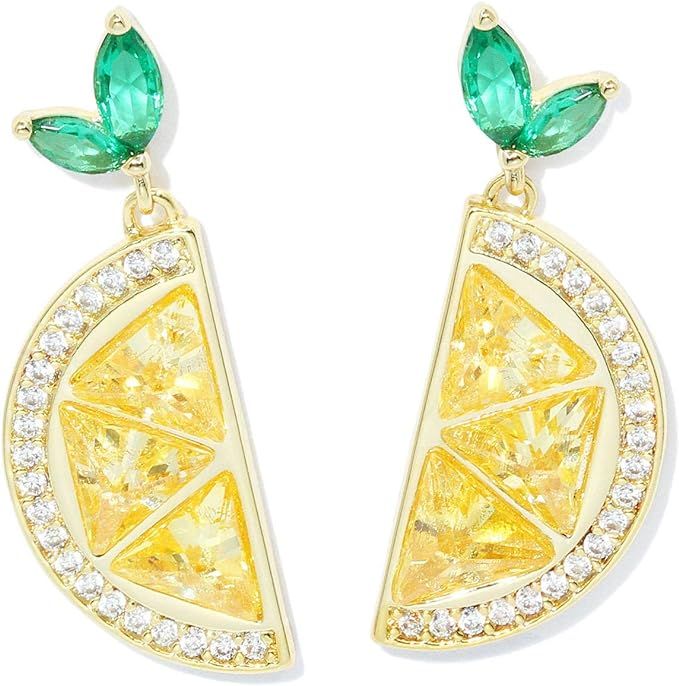 Fruit Dangle Earrings for Women 18K Gold Plated Statement Lemon Earrings Cubic Zirconia Yellow Je... | Amazon (US)