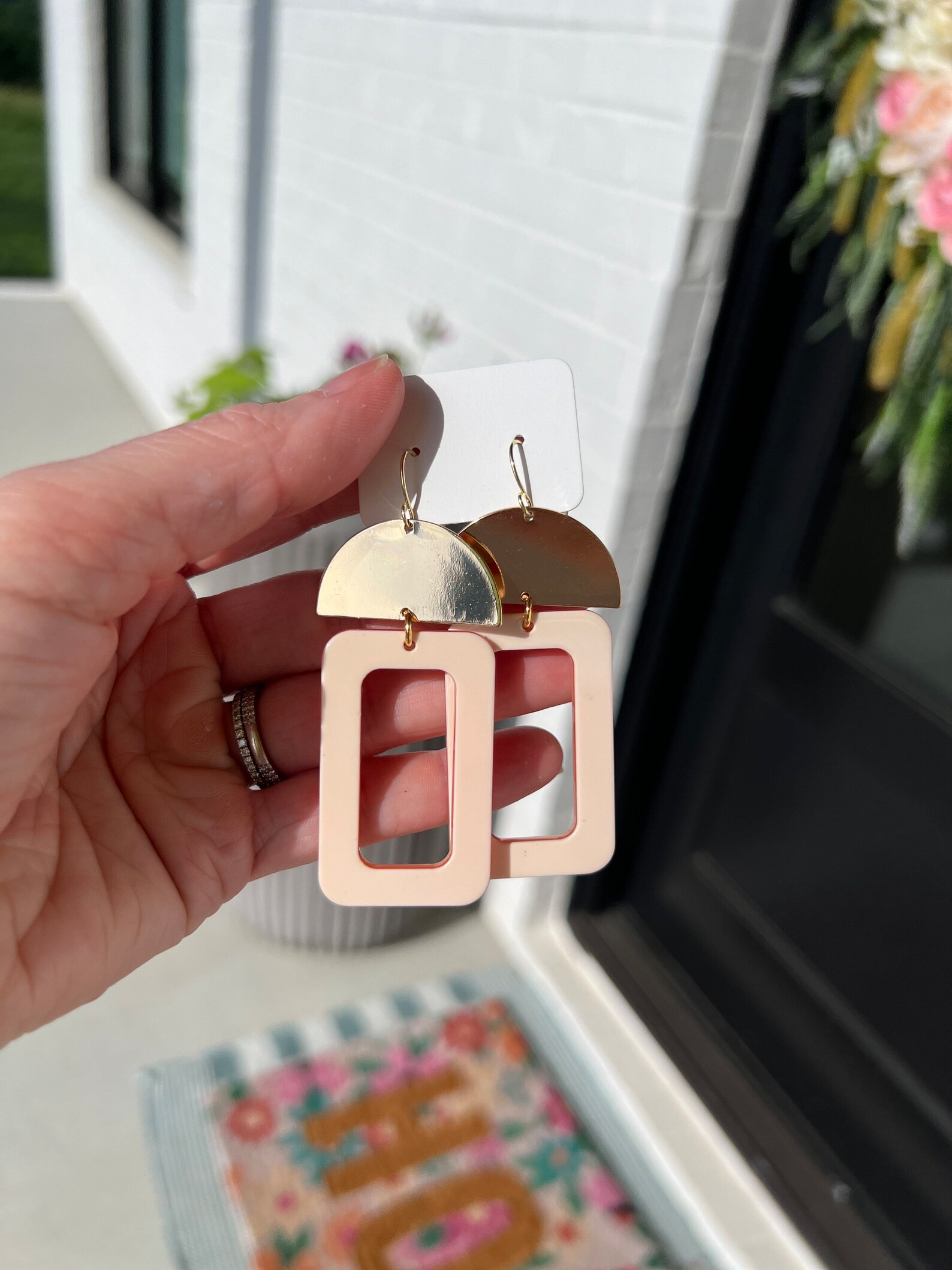 Baby pink & light blush acrylic rectangle earrings with gold brass detail lightweight | Etsy (US)