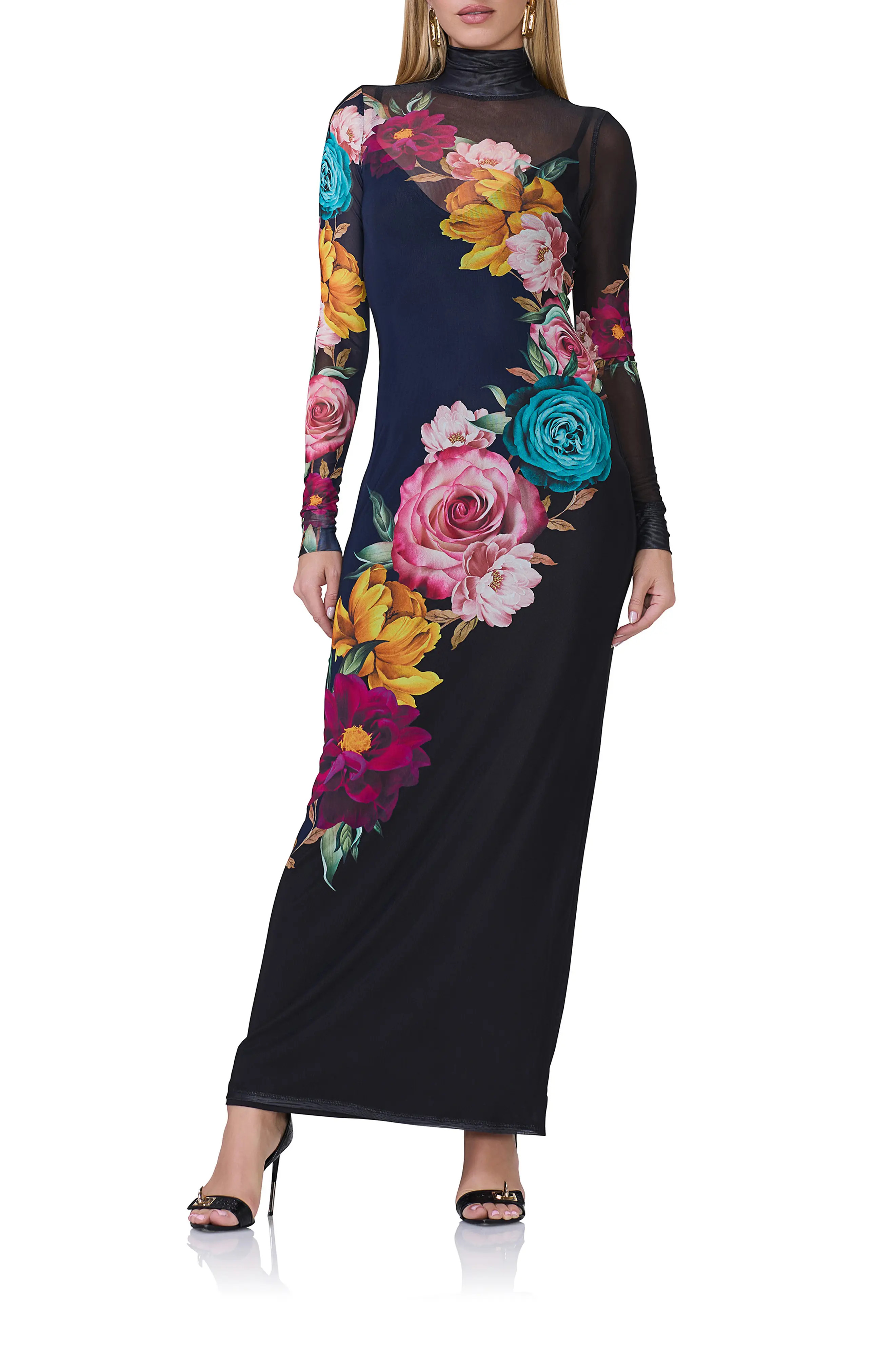 Billie Floral Print Long Sleeve Mesh Maxi Dress | Nordstrom Rack