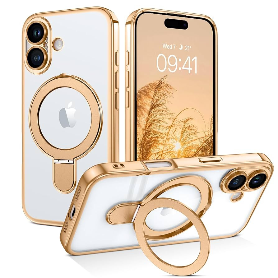 GUAGUA for iPhone 16 Case with Stand, Magnetic Clear iPhone 16 Case Plating Edge Invisible Foldab... | Amazon (US)