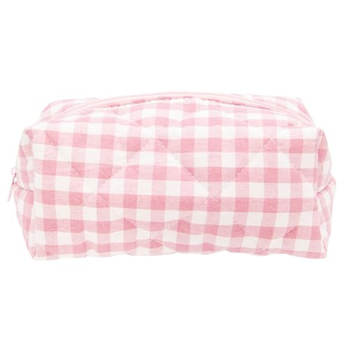 PAZIMIIK Cozy Makeup Bag Travel Cosmetic Bag for Women Soft Toiletry Bag Aesthetic Makeup Organizer Portable Large Zipper Pouch for Skincare Beauty Accessories Brushes Pink Checkered | Amazon (US)
