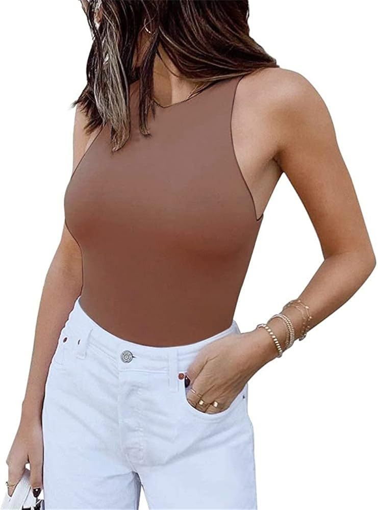 PRIMODA Women's Sexy Round Neck Sleeveless Racer Back High Cut Bodysuit Tank Top | Amazon (US)