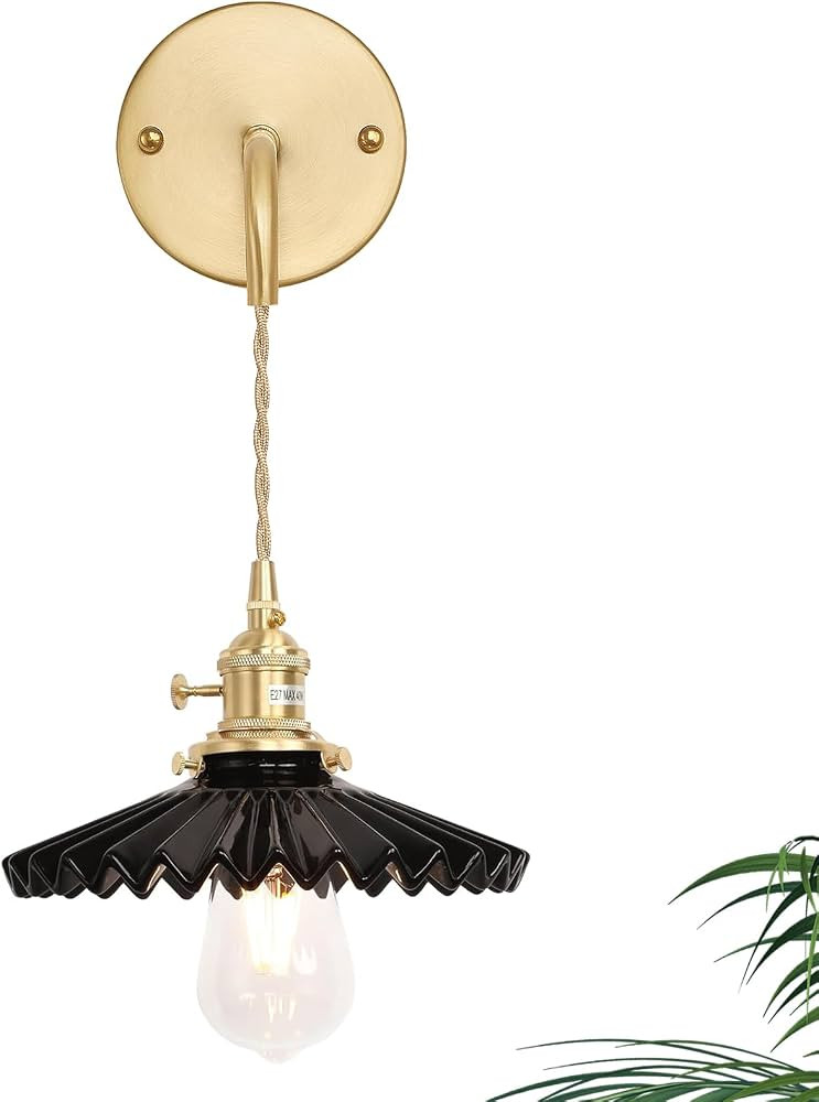 Vintage 1-Light Wall Sconce Black Pleated Shade Pattern Ceramic Adjustable Cord Retro Gold Wall M... | Amazon (US)