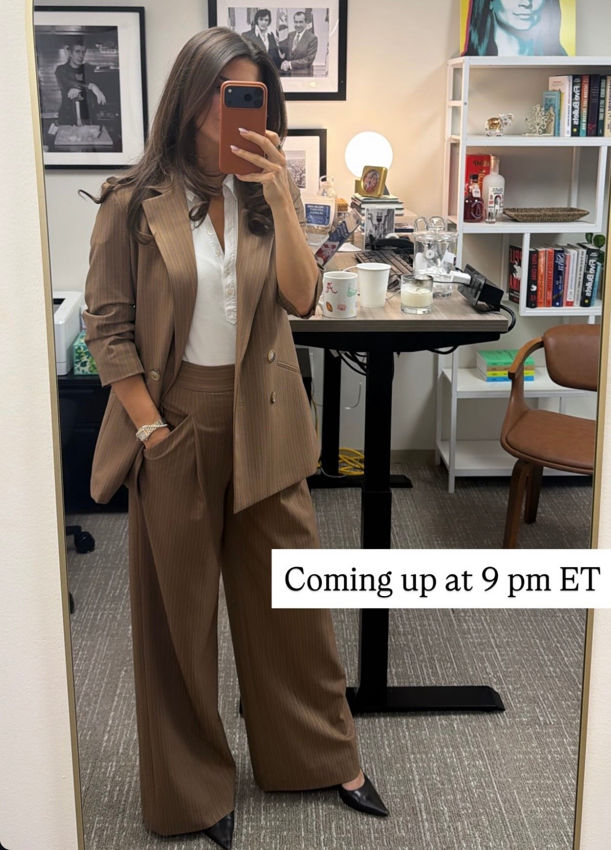 Kaitlan Collins brown pit striped blazer and matching trousers ￼