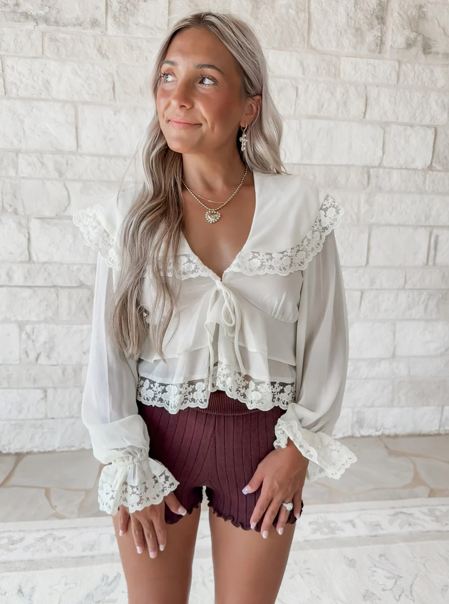 Purest Heart Chiffon Top With Lace Detailing- Cream | CK Squared Boutique