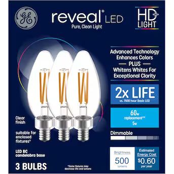GE Reveal HD 60-Watt EQ B10 Color-enhancing Candelabra Base (e-12) Dimmable LED Light Bulb (3-Pac... | Lowe's