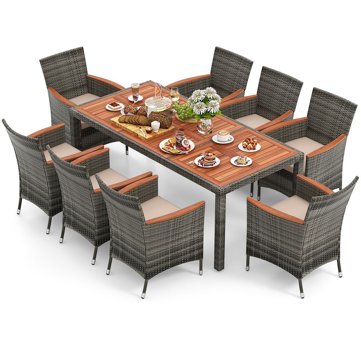 Costway 9PCS Patio Rattan Dining Set Acacia Wood Table Cushioned Chair Mix Gray | Target