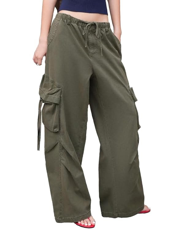 URBAN REVIVO Women's Wide Leg Cargo Pants Loose Fit with Drawstring Waist & Pockets - Autumn Dust... | Amazon (US)