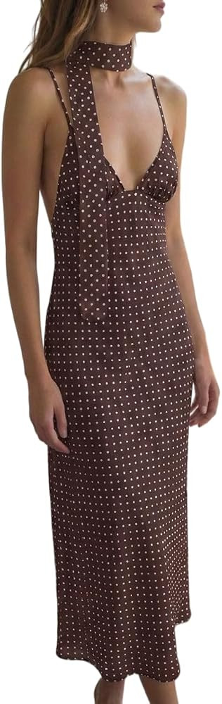 SISKIN Vestido de lunares para mujer, vestidos elegantes sin espalda para mujer, vestido en V pro... | Amazon (US)