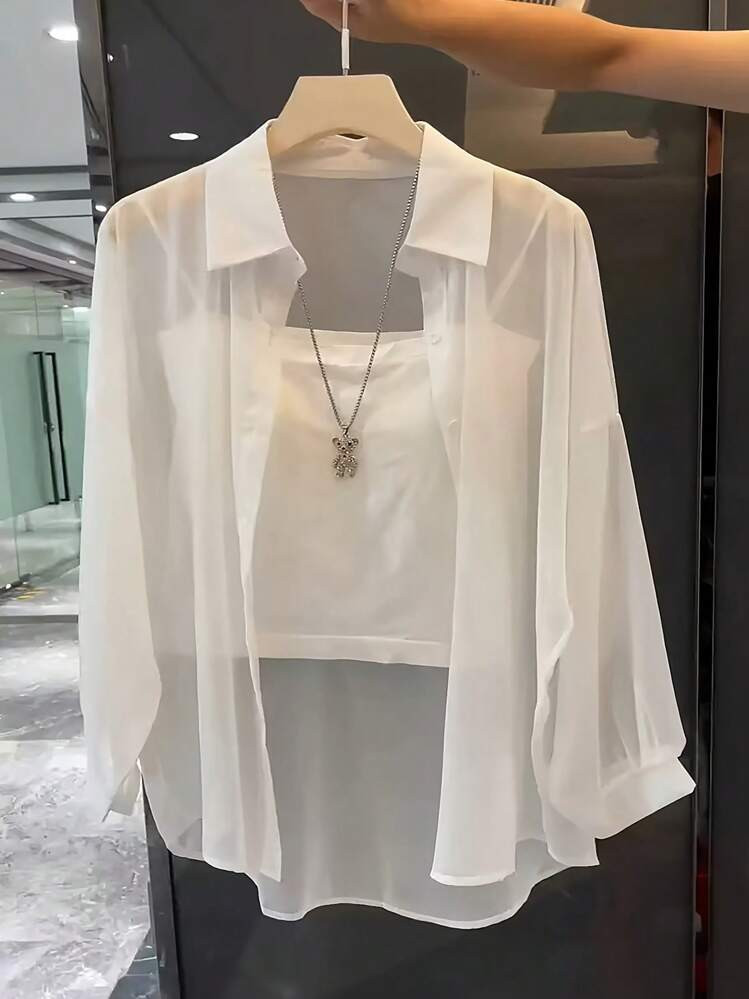 Franclia Basic Transparent Plain Simple Collared Shirt,Long Sleeve Tops Fall Cloth For Women | SHEIN