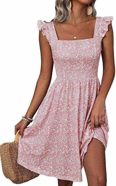 Loemes Summer Cute Floral Flowy Knee Length Sundressses Beach Dress for Women 2023 | Amazon (US)
