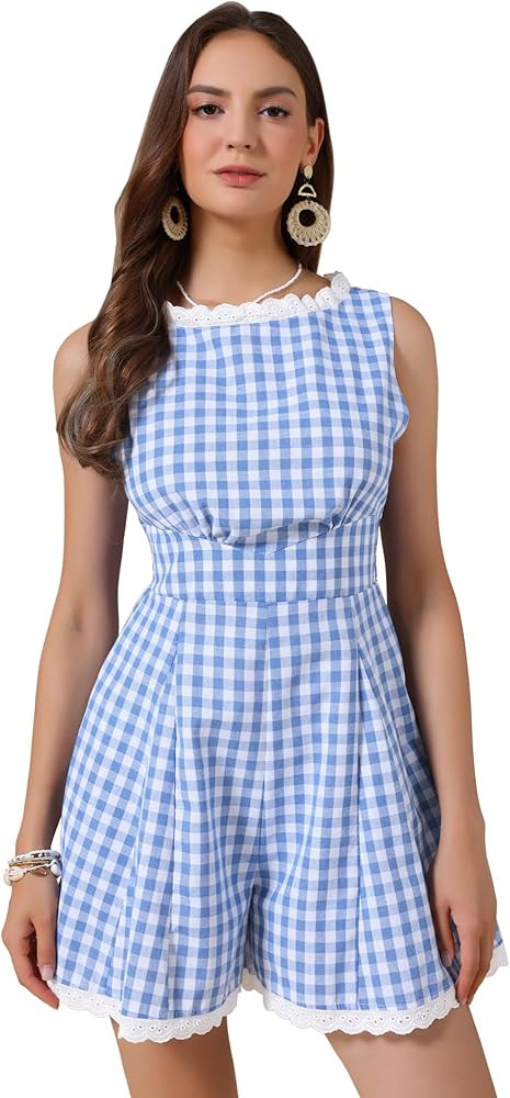 Allegra K Sleeveless Gingham Romper for Women's Checks Lace Trim Smocked Waist Short Jumpsuits | Amazon (US)