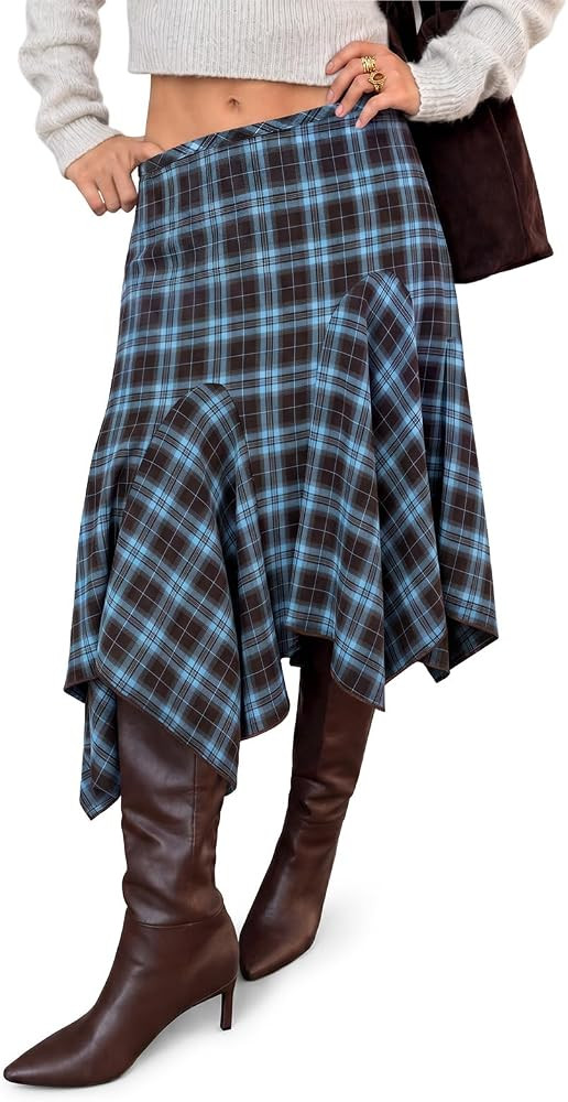 Yousify Women's Plaid Midi Skirts Y2k Low Waist Asymmetrical Flowy Skirt | Amazon (US)
