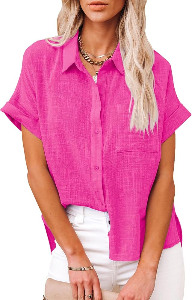 Womens Button Down Shirts Cotton Short Sleeve Summer Blouses V Neck Collared Linen Beach Casual T... | Amazon (US)