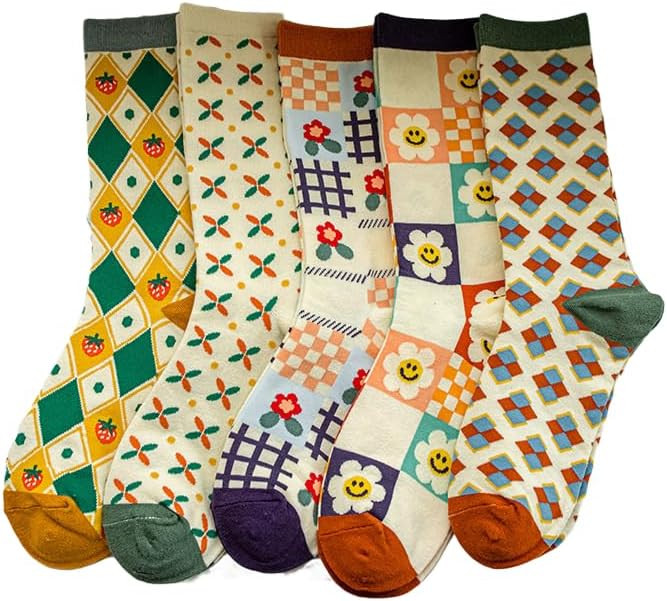5/10 Pairs Cute Floral Socks, Cottagecore Crew socks, Smiley Face Colorful Socks for Women Girls | Amazon (US)