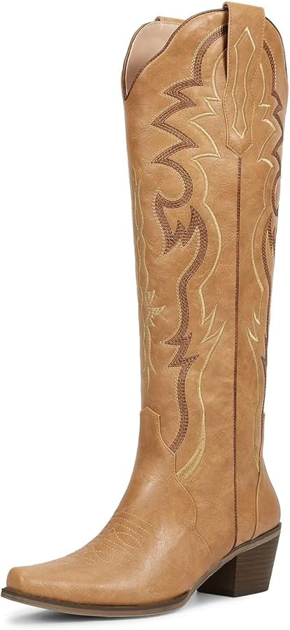 wetkiss Cowboy Boots for Women Knee High Cowgirl Tall Boots with Classic Retro Embroidered Chunky... | Amazon (US)
