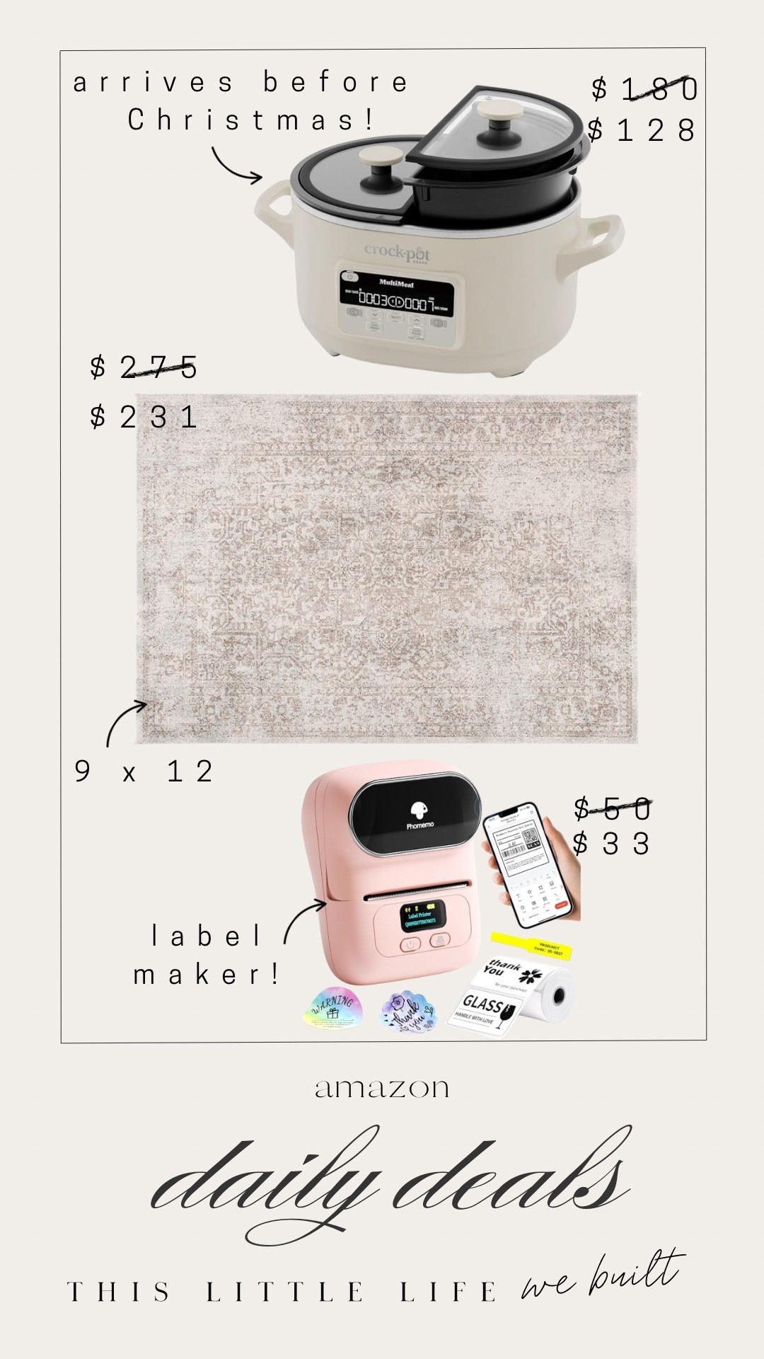 Amazon daily deals! 


Rug, label maker, crock pot, holiday finds, Amazon home 

#LTKSaleAlert #LTKHoliday #LTKHome